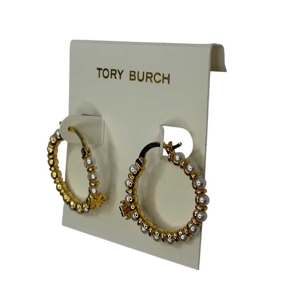 Tory Burch Kira Pearl Hoop Earrings Gold Tone Beaded Cream NWT Boho Chic Luxury - Picture 3 of 4